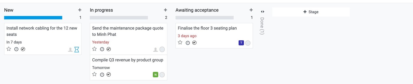 A Viindoo project board with tasks in columns, overdue dates in red and a waiting icon on a dependent task