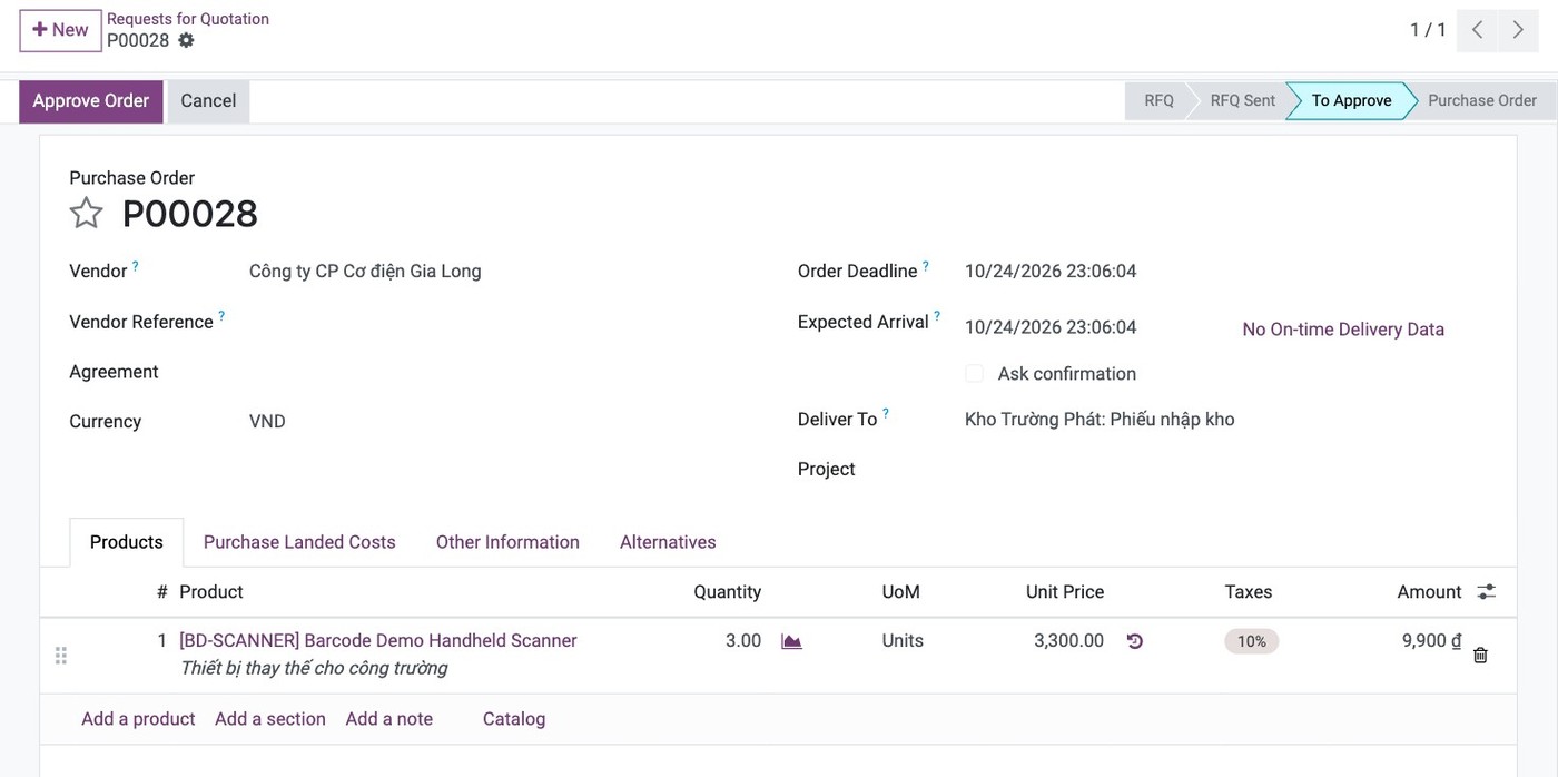 A purchase order sitting in the Waiting for approval stage after an employee confirmed it