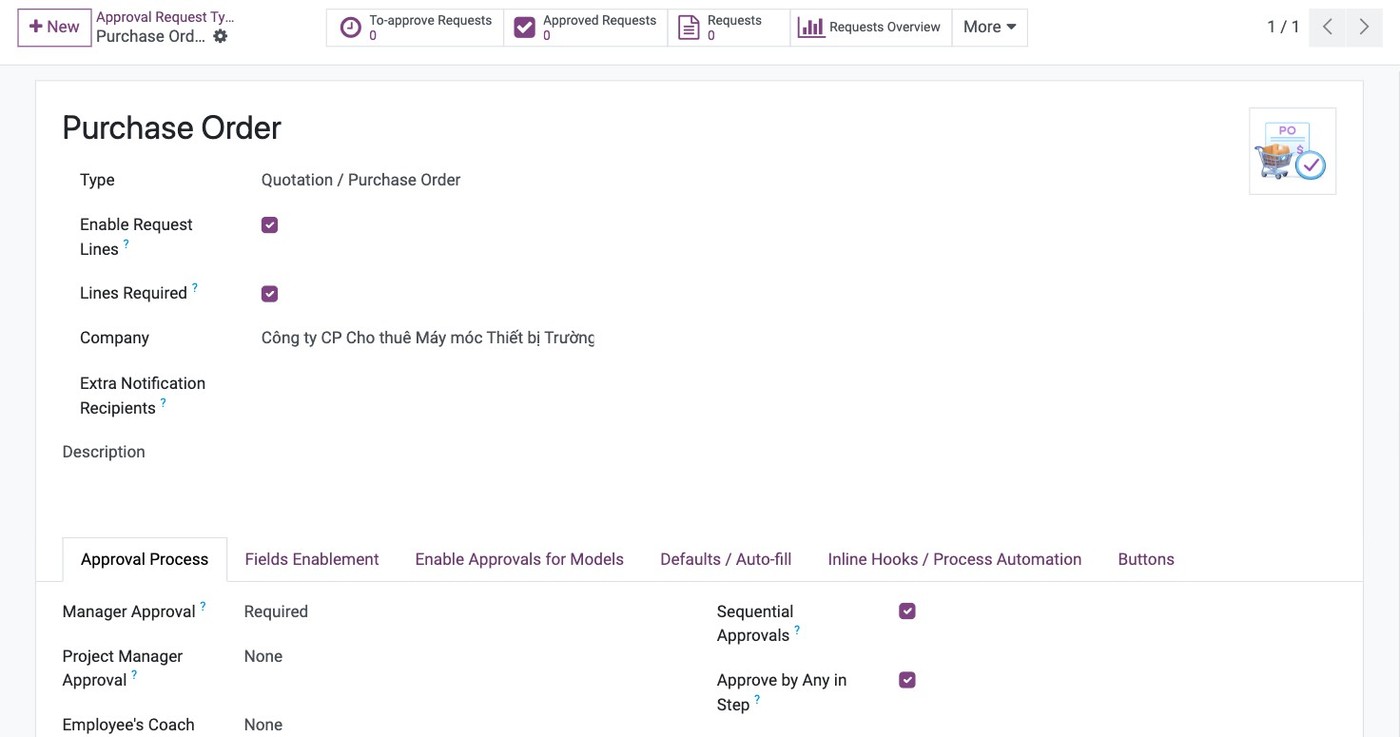 The approval request type for purchase orders, with sequential approval and approve-by-any-in-step switched on