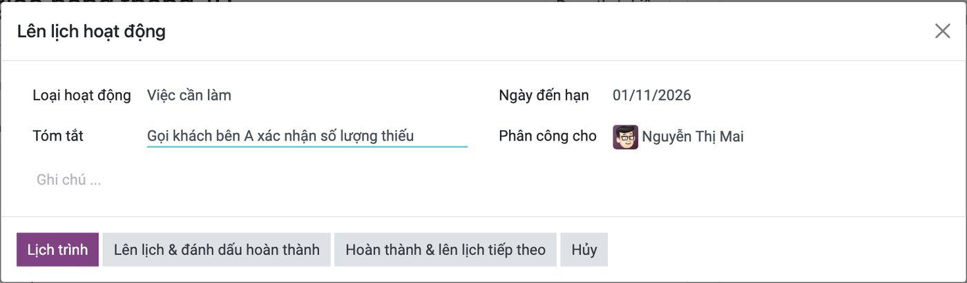 Hộp thoại Lên lịch hoạt động trên Viindoo với hai ô bắt buộc Phân công cho và Ngày đến hạn