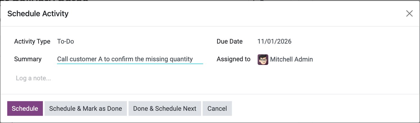 Schedule Activity dialog in Viindoo with the mandatory Assigned to and Due Date fields