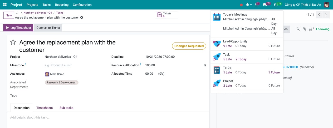 The activity bell in Viindoo counting work as Late and Today, grouped by document