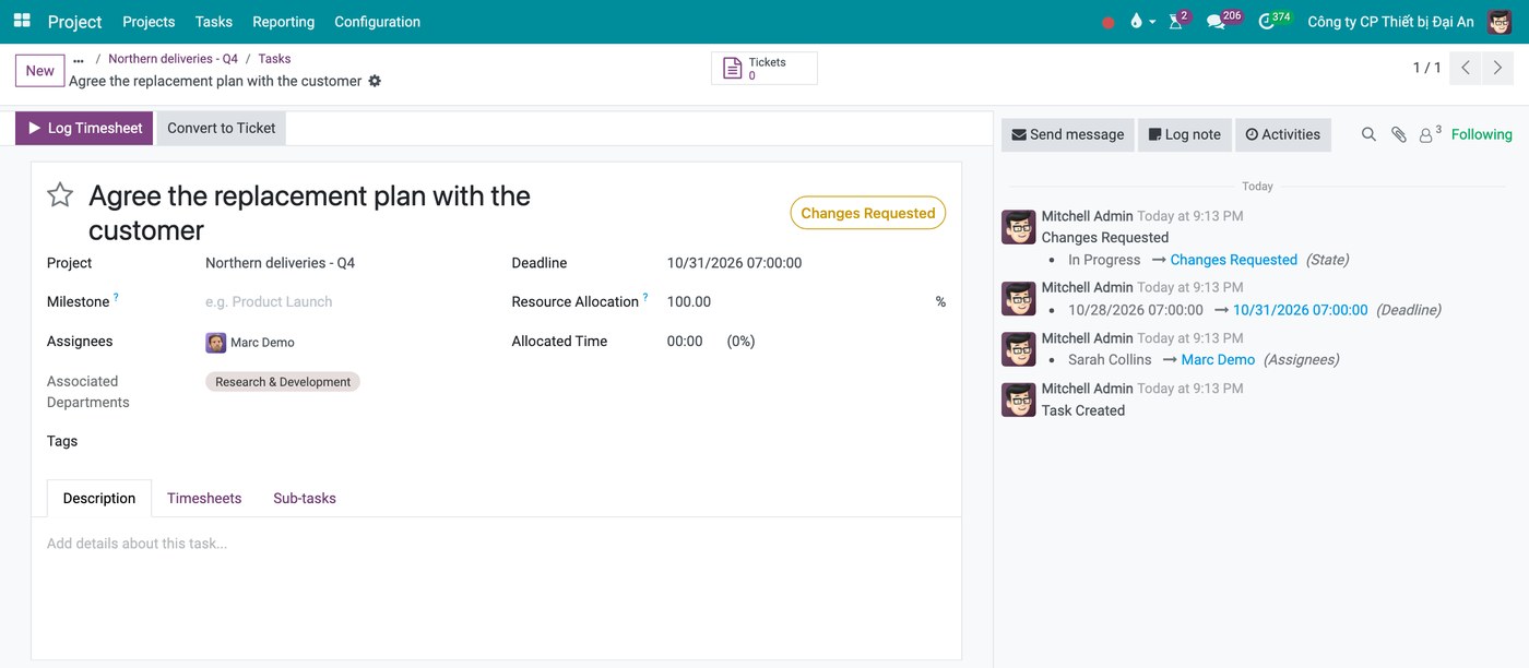 Change history on a Viindoo task: assignee, deadline and state changes recorded by the system