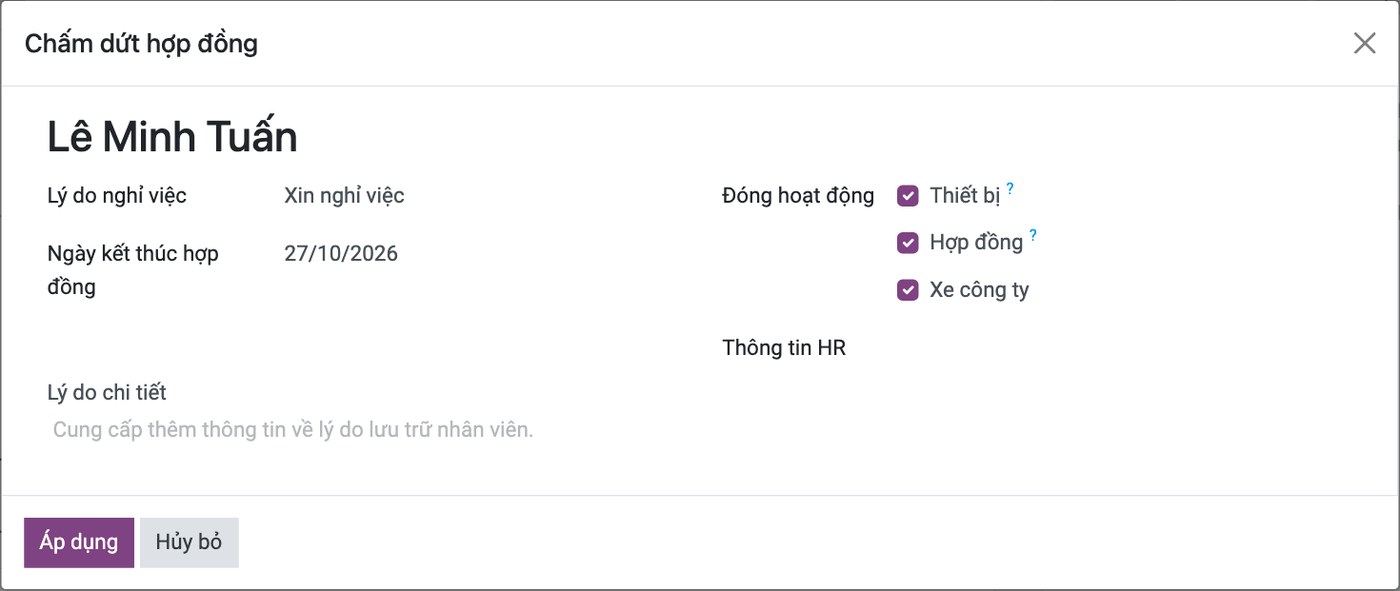 Hộp thoại Chấm dứt hợp đồng trên Viindoo: lý do nghỉ việc, ngày kết thúc hợp đồng và những thứ nó đóng lại