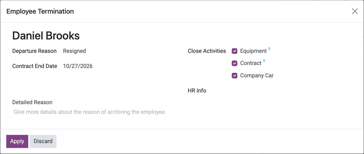 The Employee Termination dialog in Viindoo: departure reason, contract end date and what it closes