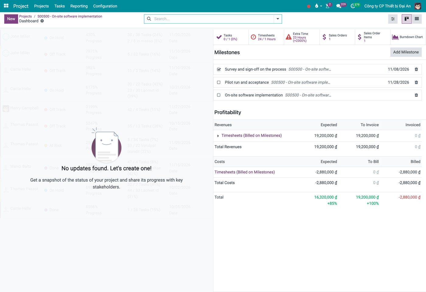 The project dashboard in Viindoo showing milestones and the profitability table of revenue and cost