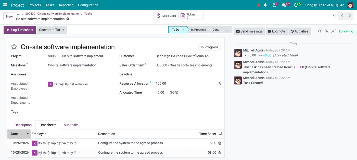 The timesheet tab on a task in Viindoo, with hours recorded against the order line
