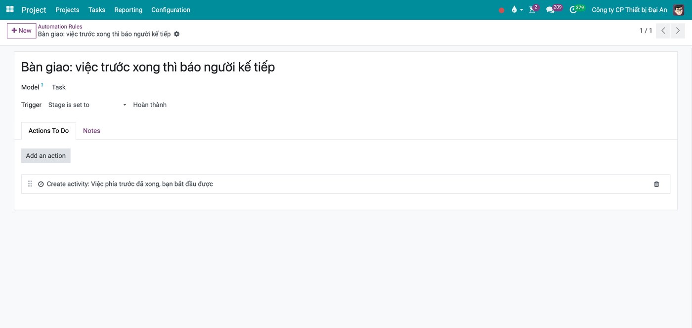 An automation rule triggered by a stage change, creating an activity for the next person