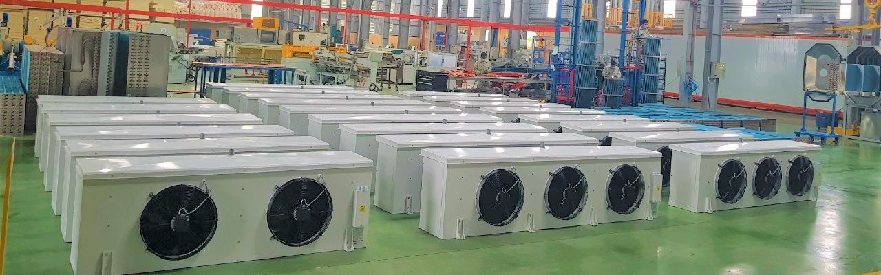 Finished evaporator units lined up in the Quang Thang workshop in Hai Phong
