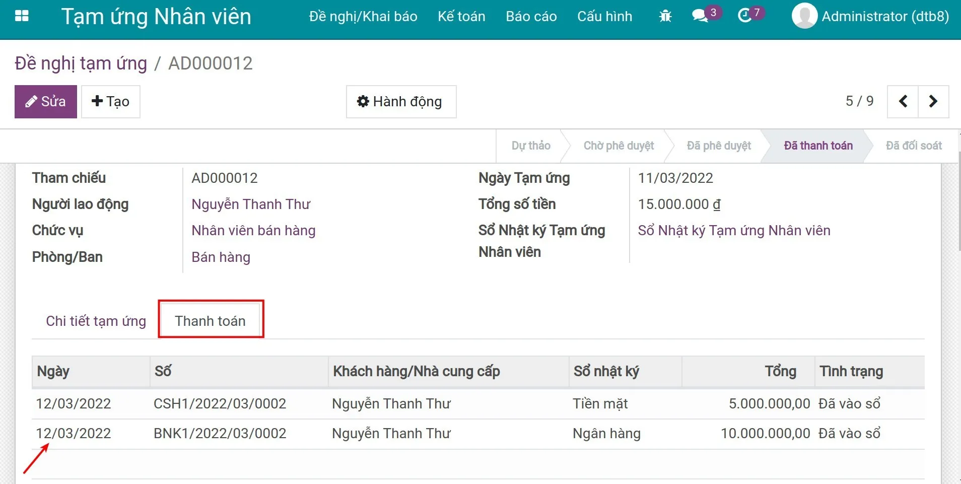 định khoản chi tiền mặt tạm ứng